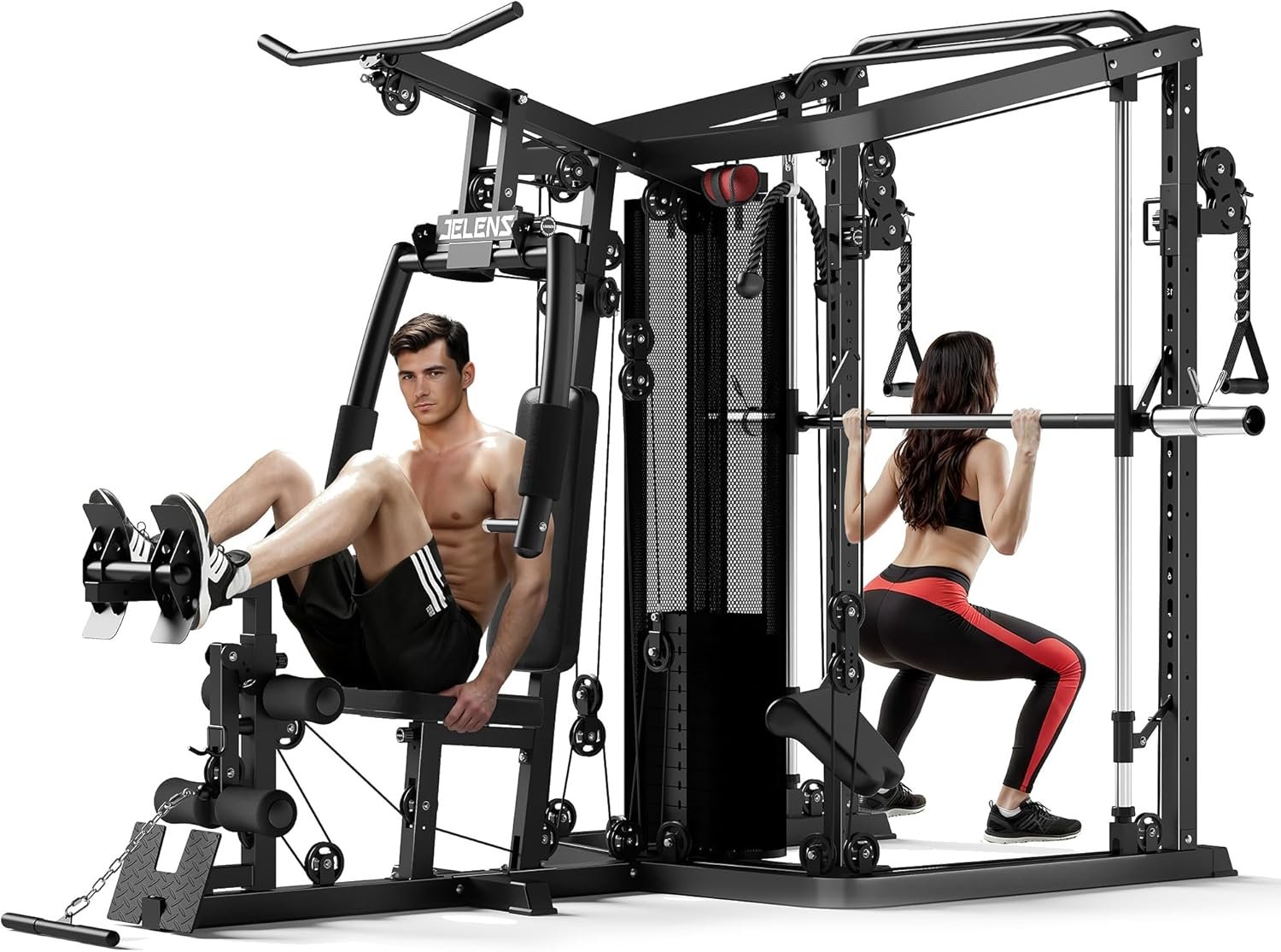 Home Gym System, 150LB Weight Stack Smith Machine with LAT Pull-Down & Leg Press, All-in-One Strength Training Equipment, Workout Station for Body Workout