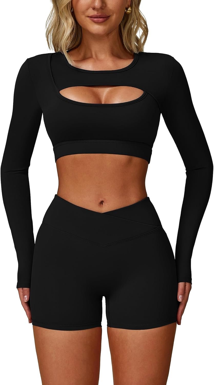 2 Piece Workout Sets for Women High Waisted Pleated A-line Skirt Yoga Long Sleeve Cutout Crop Tops Athletic Sets