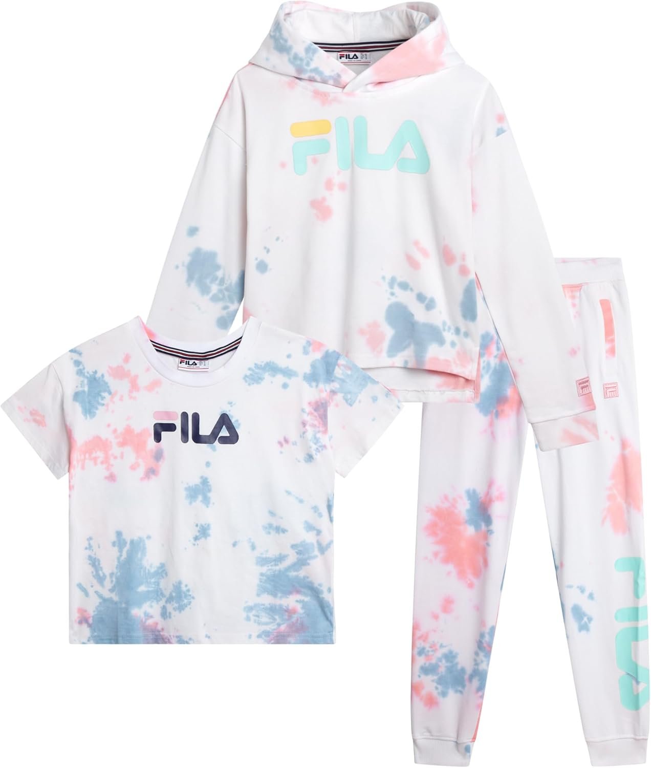 Fila Girls Sweat Suit Set - 3 Piece Tie-Dye Short Sleeve Crop Top, Pullover Hoodie and Jogger Sweatpants for Girls (7-16)