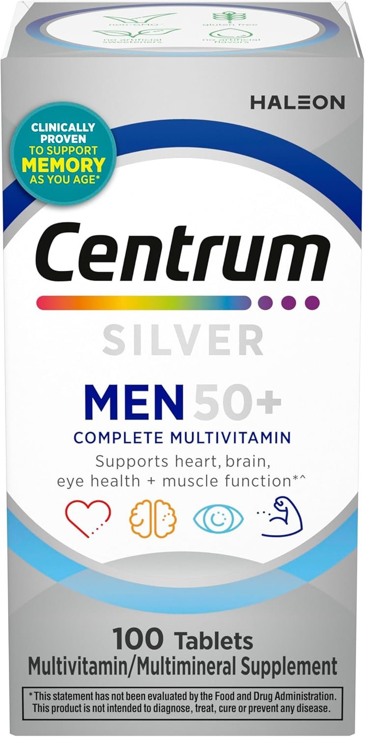 Centrum Silver Multivitamin for Men 50 Plus, Multimineral Supplement, Vitamin D3, B-Vitamins and Zinc, Gluten Free, Non-GMO Ingredients, Supports Memory and Cognition in Older Adults - 100 Ct