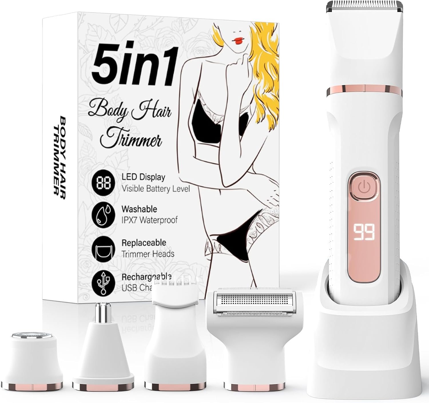 Bikini Trimmer for Women,5-in-1 Electric Razors for Women,Electric Shaver for Women's,IPX7 Waterproof Trimmer for Men Legs,with 5 Replaceable Blade Heads,USB Recharge Dock（White）