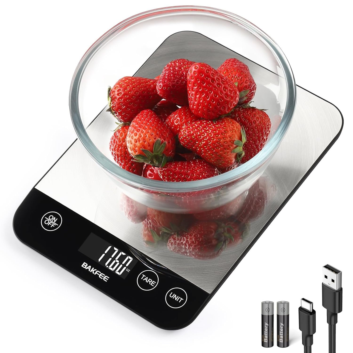 Food Scale, 33lb Rechargeable Kitchen Scale with Stainless Steel, Grams and Ounces, USB Charging, 1g High Accuracy for Baking, Cooking & Food Prep, BK806