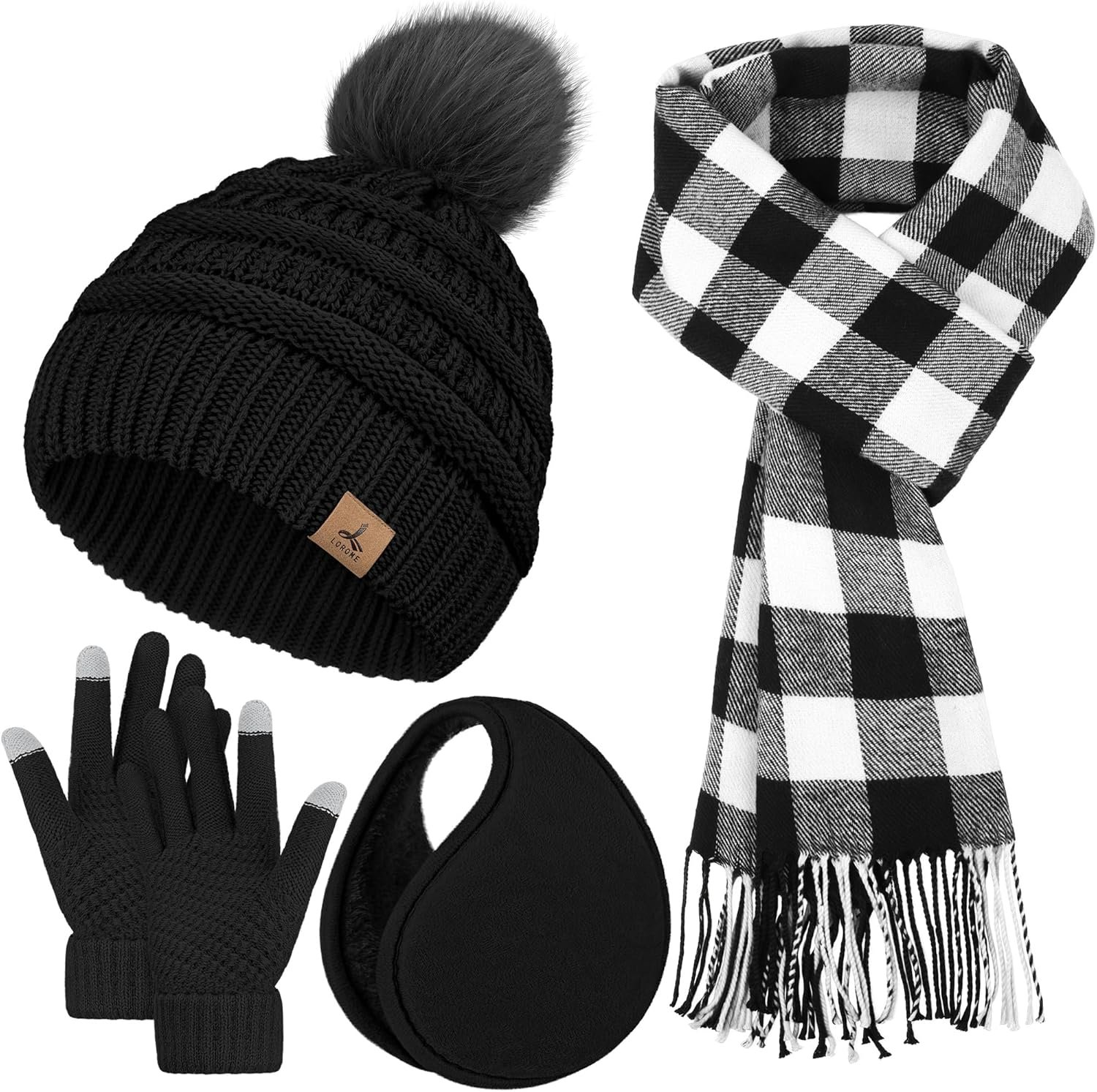 Winter Hat Scarf Gloves and Ear Warmer, Knit Warm Beanie Hat Touch Screen Gloves Long Knitted Plaid Scarf Set Gifts for Women