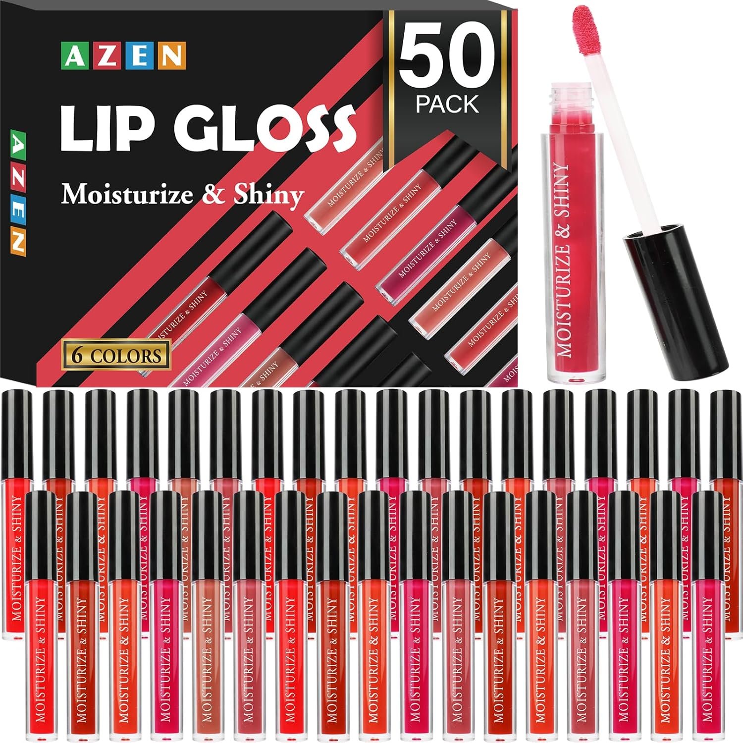 AZEN 50 Pack Lip Gloss Bulk Set, Shimmery Lip Gloss for Women and Girls With Rich Varied Colors, Valentines Gifts Easter Basket Stuffers