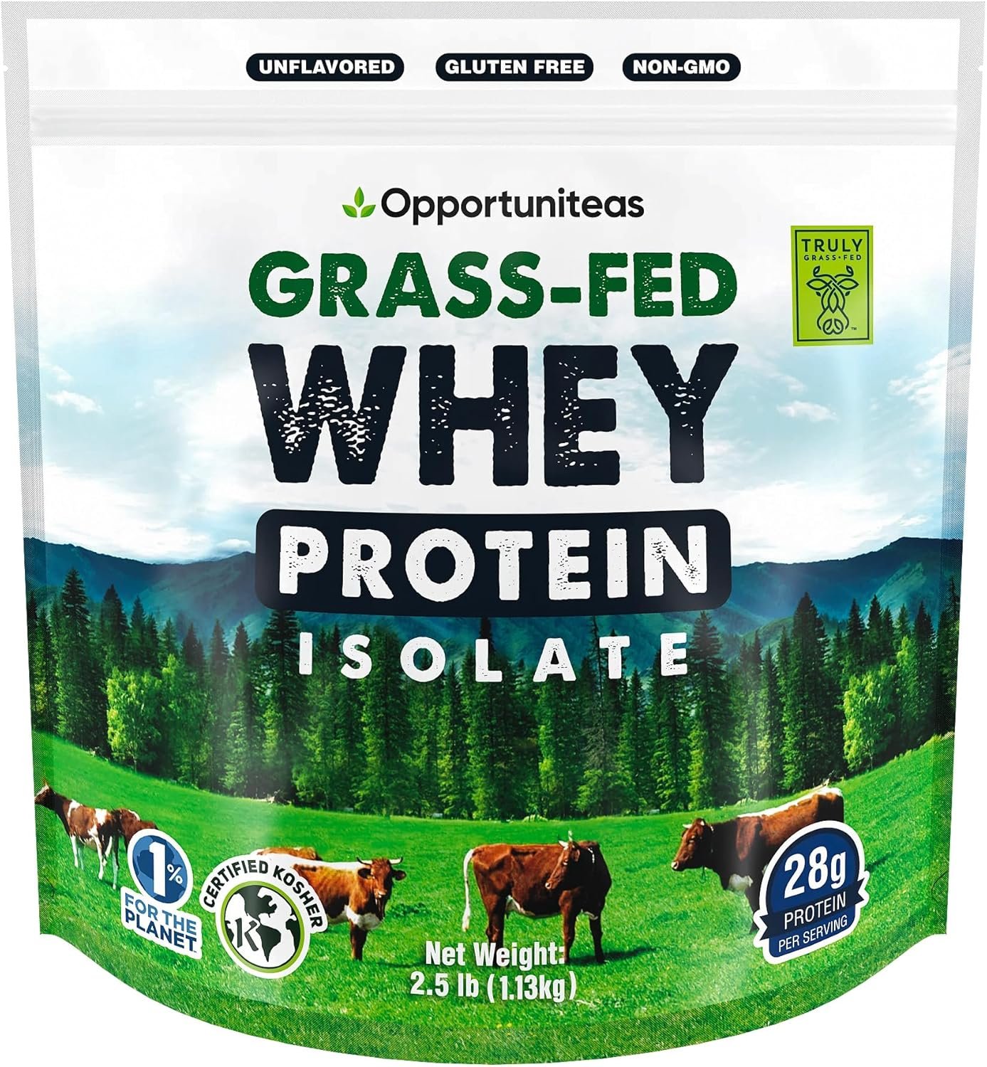 Opportuniteas Grass Fed Whey Isolate Protein Powder – Unflavored, Heavy-Metal Tested, 28g Protein, Sourced from Ireland, Hormone-Free, Non-GMO, Packaged in USA – 2.5lb