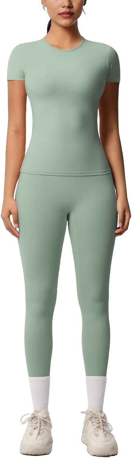 Women’s 2 Piece Workout Set – Athletic T-Shirt & High Waist Leggings – Activewear for Gym, Running & Yoga