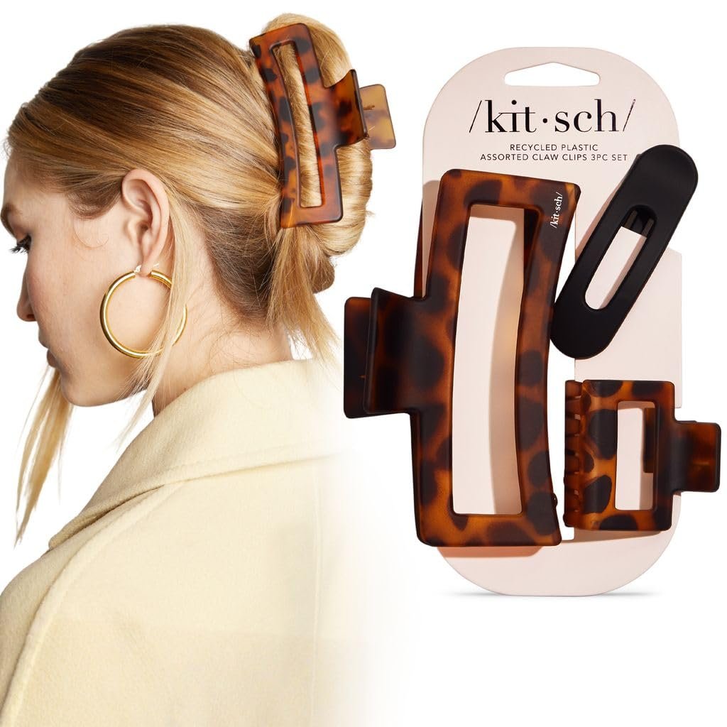 Kitsch Assorted Hair Clips for Women - Strong Hold Open Shaped Hair Claw Clips for Girls, Flat Claw Clip - Matte Finish, Durable Plastic | Ideal Gifts for Women - Black & Tortoise, 3 Pcs