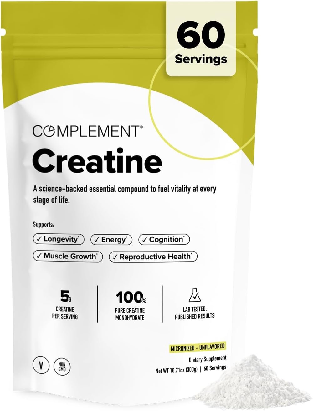 Complement Creatine Monohydrate Micronized Powder - Pre-Workout, Post-Workout, Muscle Recovery, Brain Health, Longevity, Energy Supplements for Women and Men - Vegan, Unflavored (5g, 60 Servings)