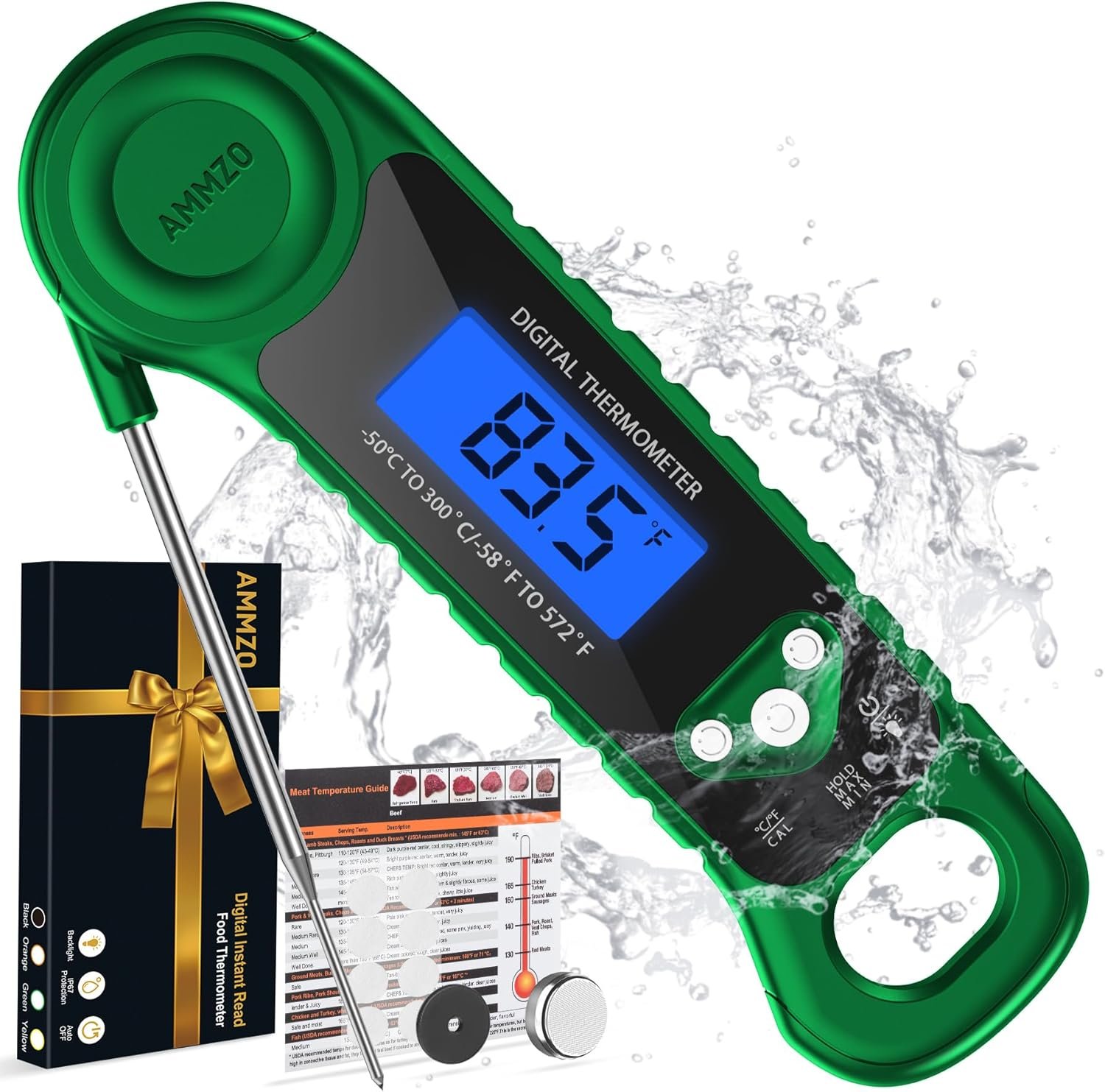 Digital Meat Thermometer for Grilling, Candy Thermometer Instant Read Food Thermometer Waterproof with Backlight for Cooking, Deep Fry, BBQ, Grill, Smoker and Roast (Green)