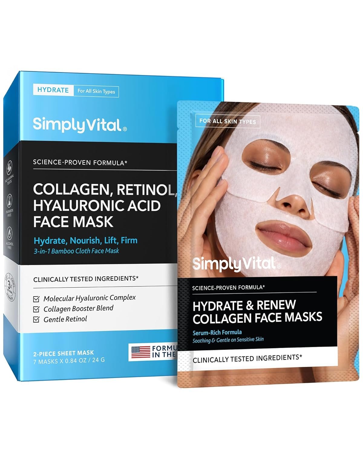 SimplyVital Collagen Facial Mask with Retinol & Hyaluronic Acid - Hydrating Face Masks Skincare - T Line & V Line Sheet Mask for Women Skin Care - Mascarillas Para la Cara - Cloth Face Masks - 7 Pack