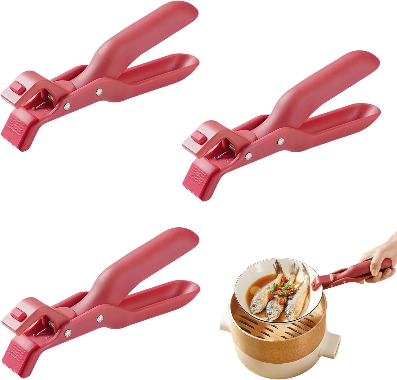 3 Pcs Hot Plate Grippers, 2026 New Multi-Function Anti-Scald Bowl Clip, Non-Slip Hot Plate Gripper Tongs for Microwave, Oven, Air Fryer, Steamer, Pots & Bowls (3 Pcs Red)