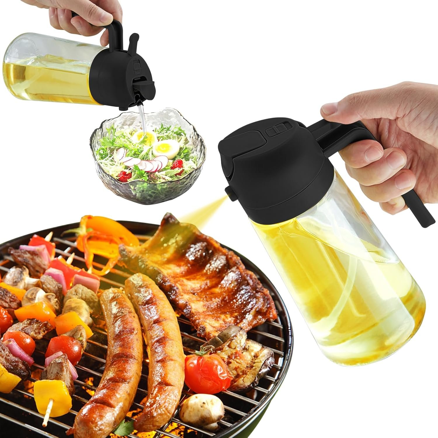 Oil Sprayer for Cooking, 2 in 1 Olive Oil Dispenser Bottle for Kitchen, 16oz/470ml Premium Glass Oil Bottle, Food-grade Oil Mister for Air Fryer, Salad, Frying, BBQ (Creamy Black)