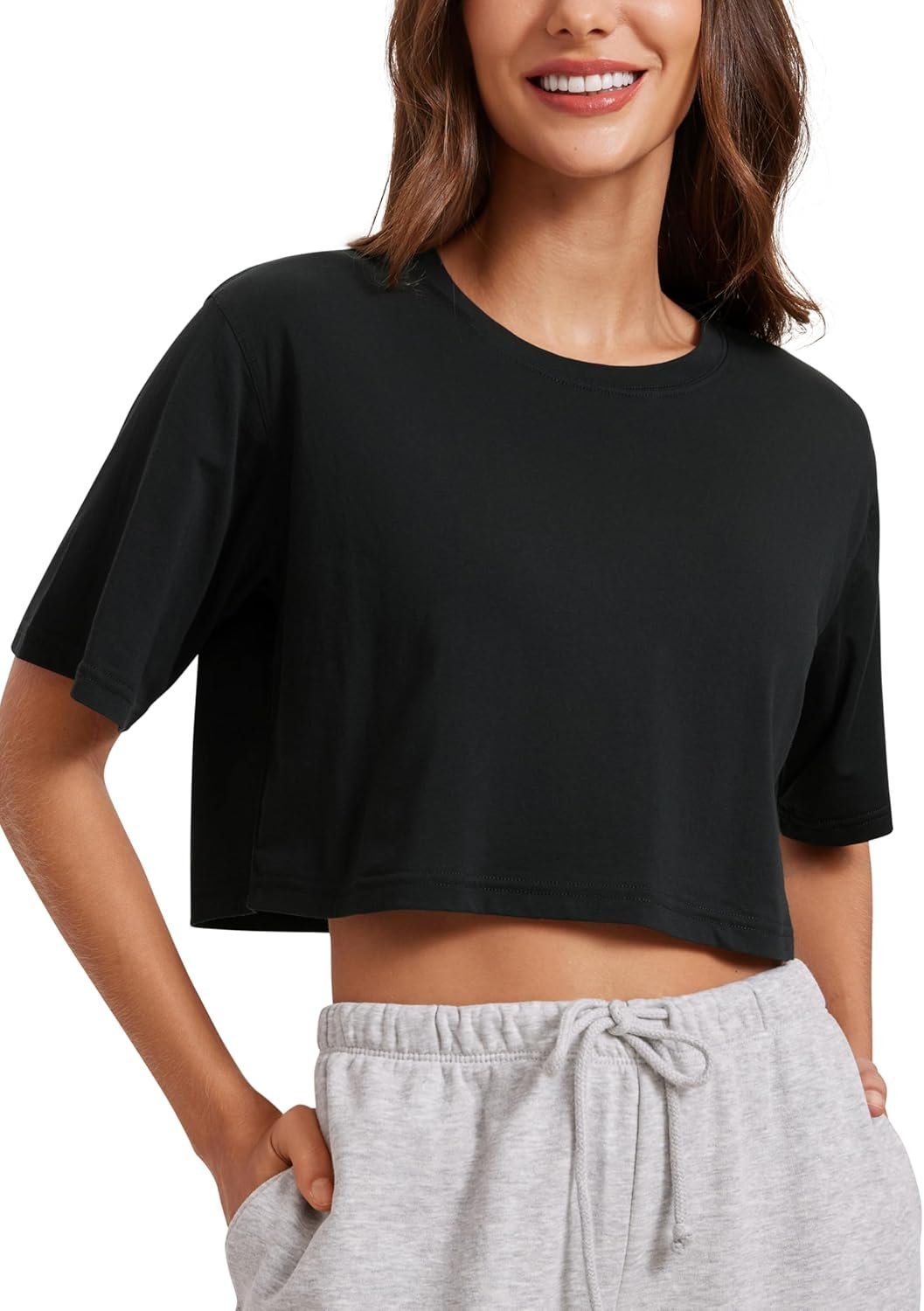 CRZ YOGA Pima Cotton Loose Crop T-Shirts for Women - Workout Yoga Casual Athletic Running Short Sleeve Shirts Crewneck Tops