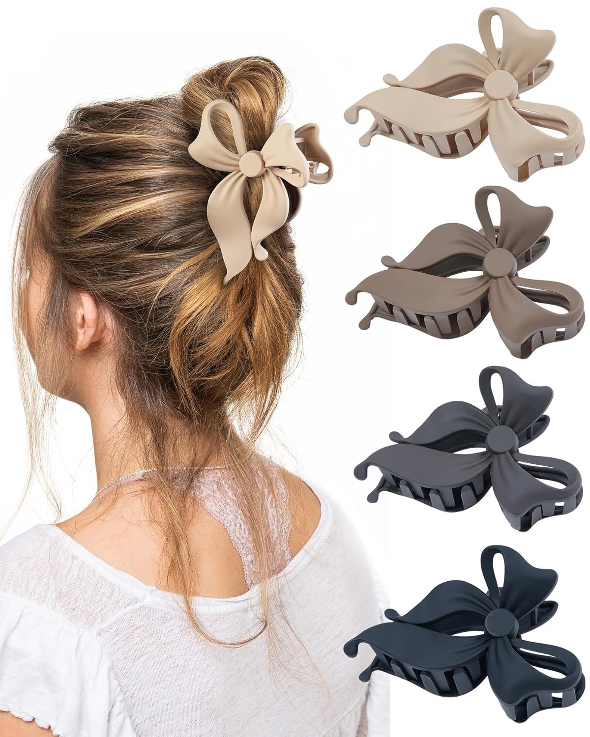 4 PCS Bow Hair Clips Bow Claw Clip for Women, Large Hair Claw Clips for Thin Thick Long Hair Cute Nonslip Bows (Black+Grey+Dark Brown+Light Brown)