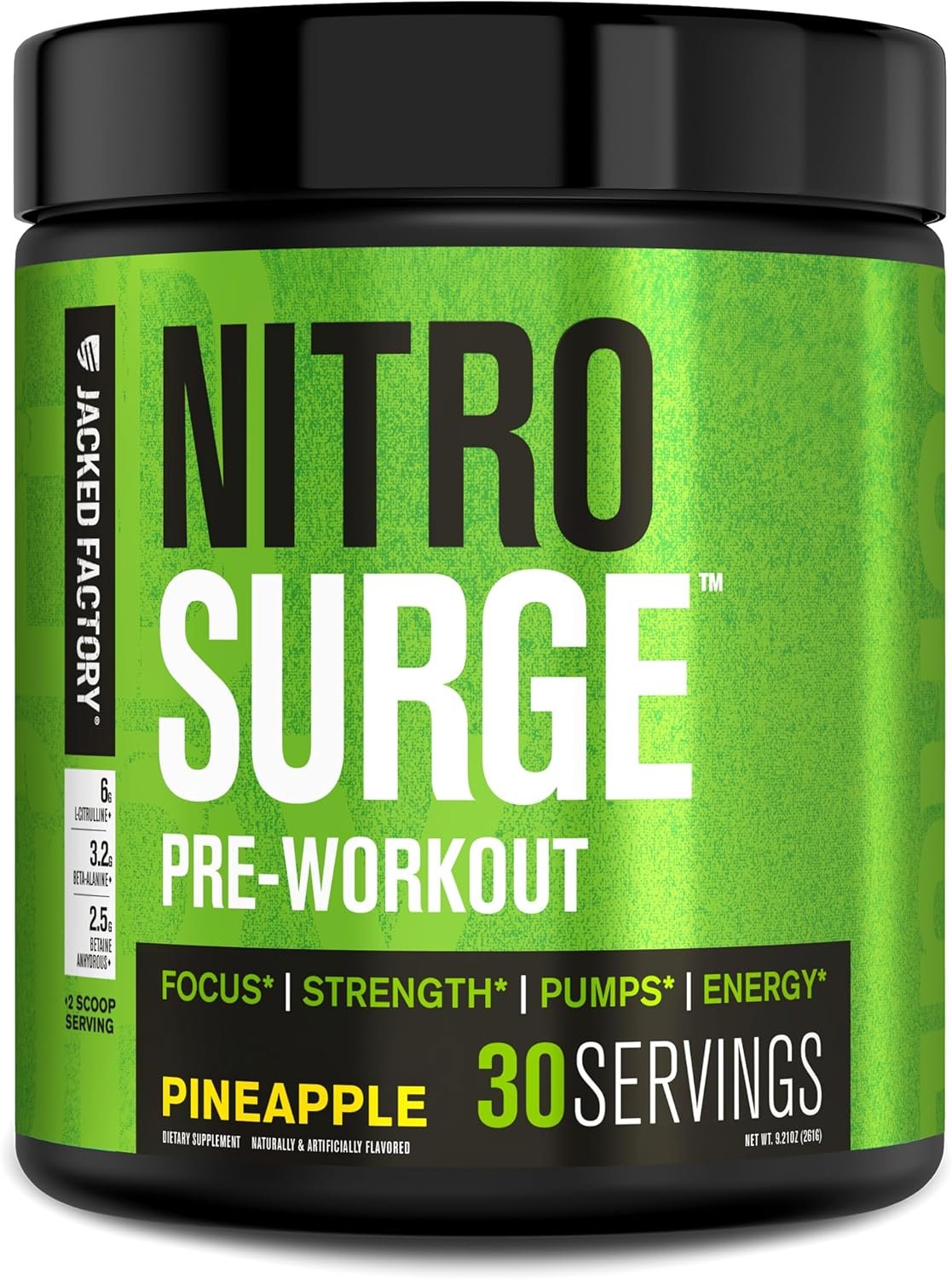 Jacked Factory NITROSURGE Pre Workout Supplement - Endless Energy, Instant Strength Gains, Clear Focus, Intense Pumps - NO Booster & Powerful Preworkout Energy Powder - 30 Servings, Pineapple