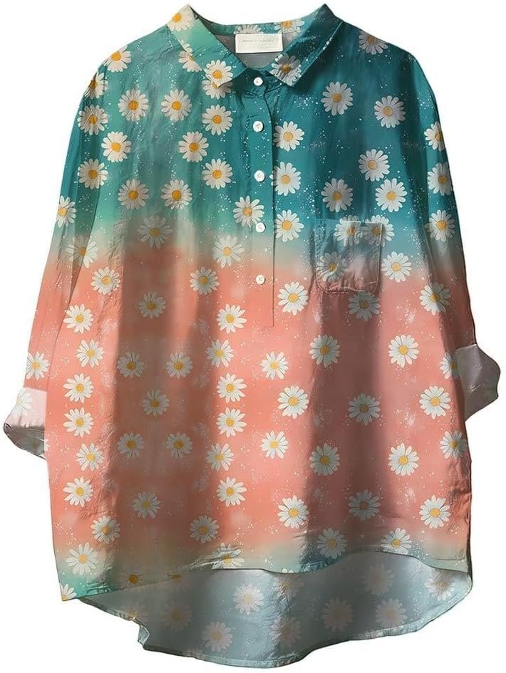 ZOCANIA Vintage Floral Button Down Shirts Lapel Long Sleeve Flowy Boho Tops for Women Spring Summer Blouses with Pocket