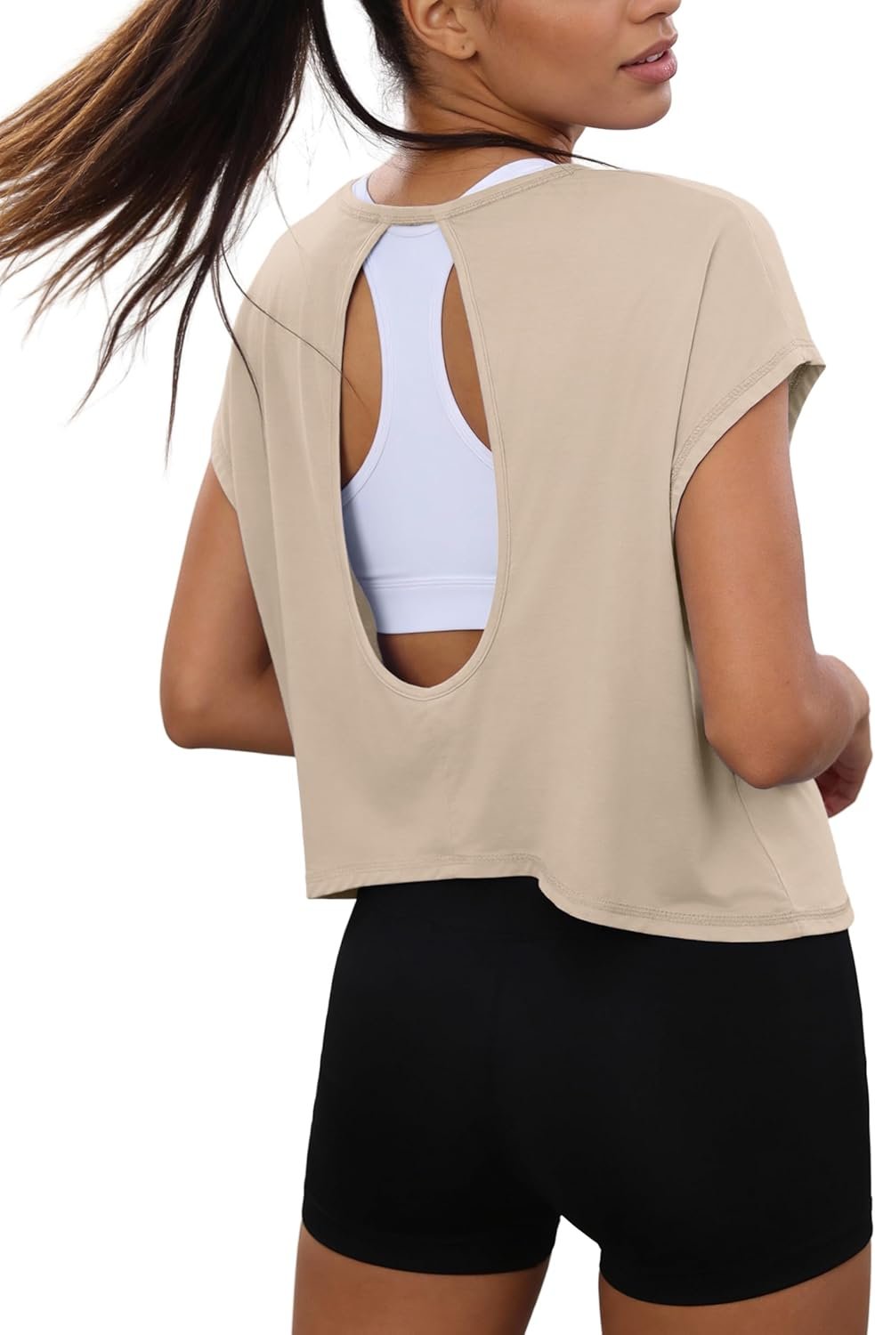 Totatuit Womens Open Back Workout Tops Oversized Crop Gym Shirts Loose Fit Short Sleeve Athletic Tee for Running Yoga