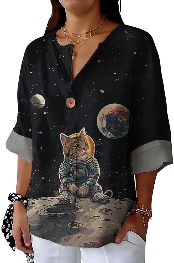 ZOCANIA Cut Cat Shirts for Women 3/4 Sleeve Button Down Blouse Spring V Neck Loose Summer Comfy Tops Graphic Clothes