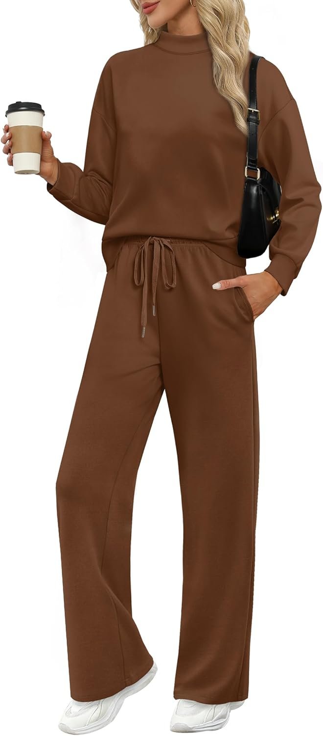 WIHOLL Two Piece Sets for Women Spring Outfits Lounge Sets Mock Neck Tops Wide Leg Pants Vacation Travel Airport Outfits