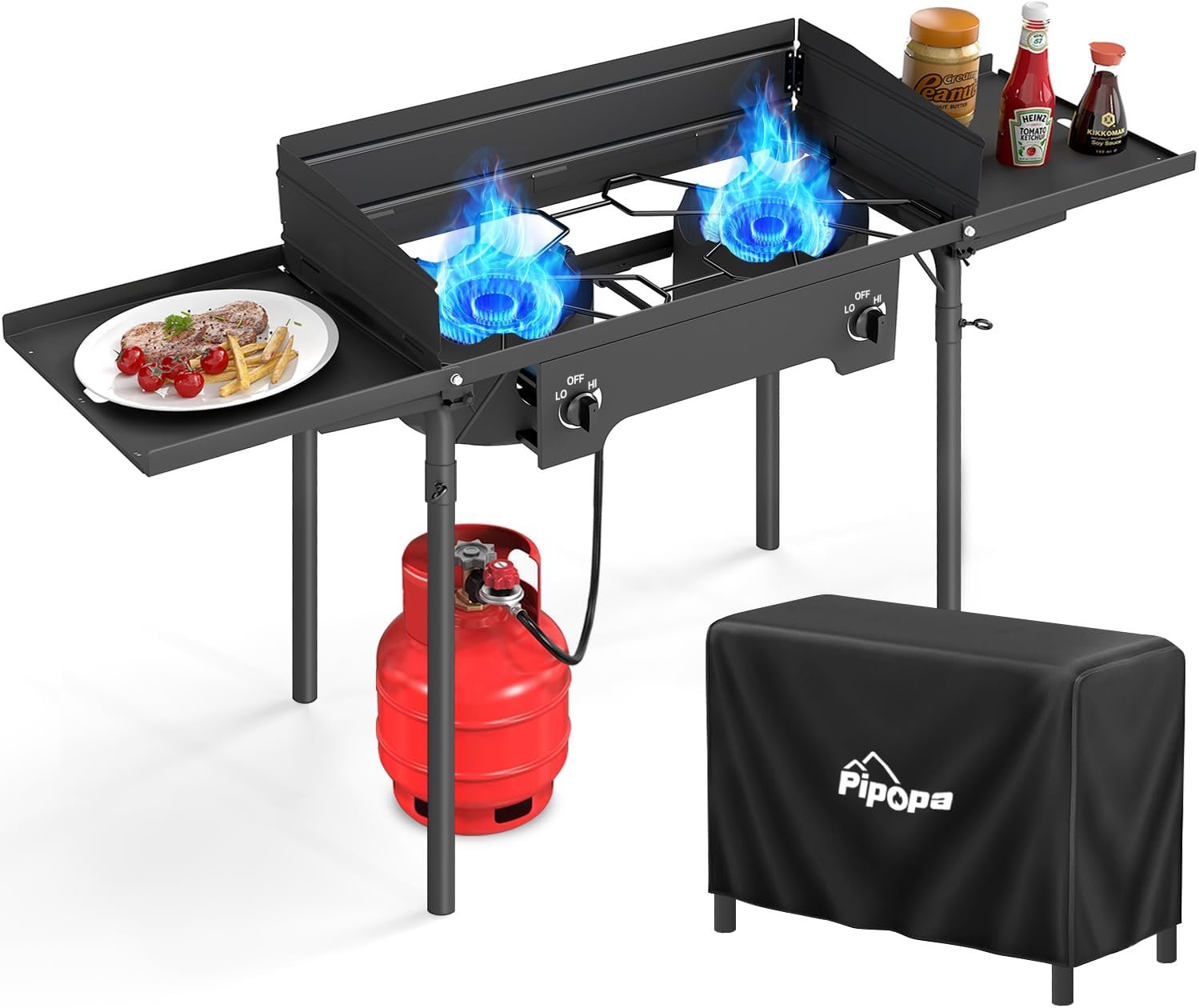 2 Burner Propane Camp Stove | 150,000 BTU | High Pressure Gas Burners | CSA Certified | Side Shelves | Windscreen | Waterproof Cover | Detachable Legs | Ideal for Camping Backyard Outdoor Cooking