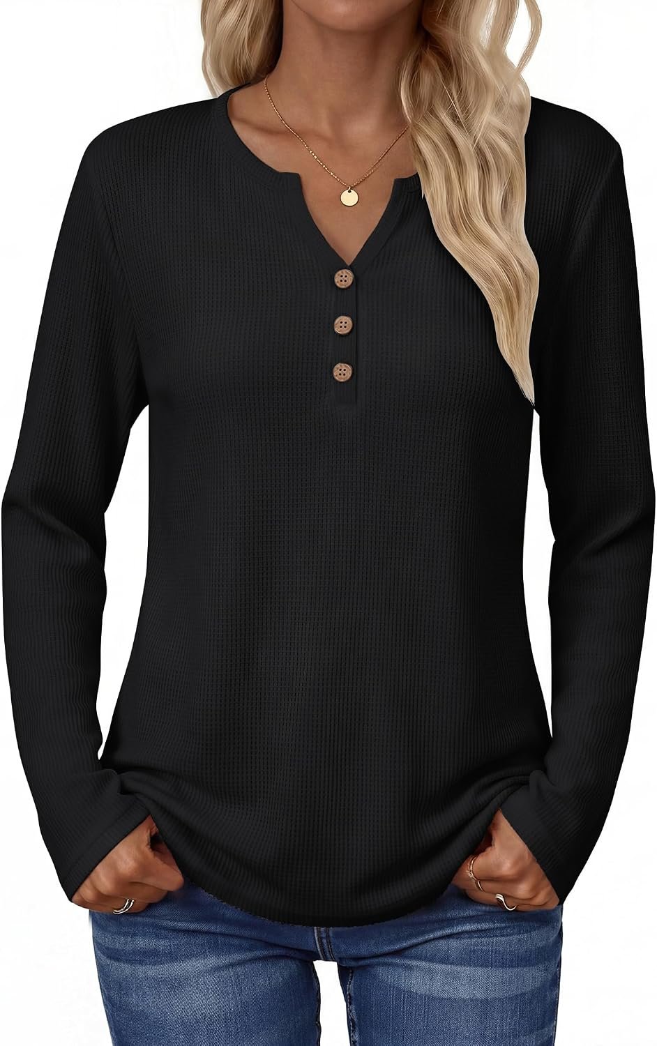 Zeagoo Women's Long Sleeve Waffle Knit Shirts Dressy Casual Loose Button Up V Neck Tops 2026 Fall Basic Tee Blouse