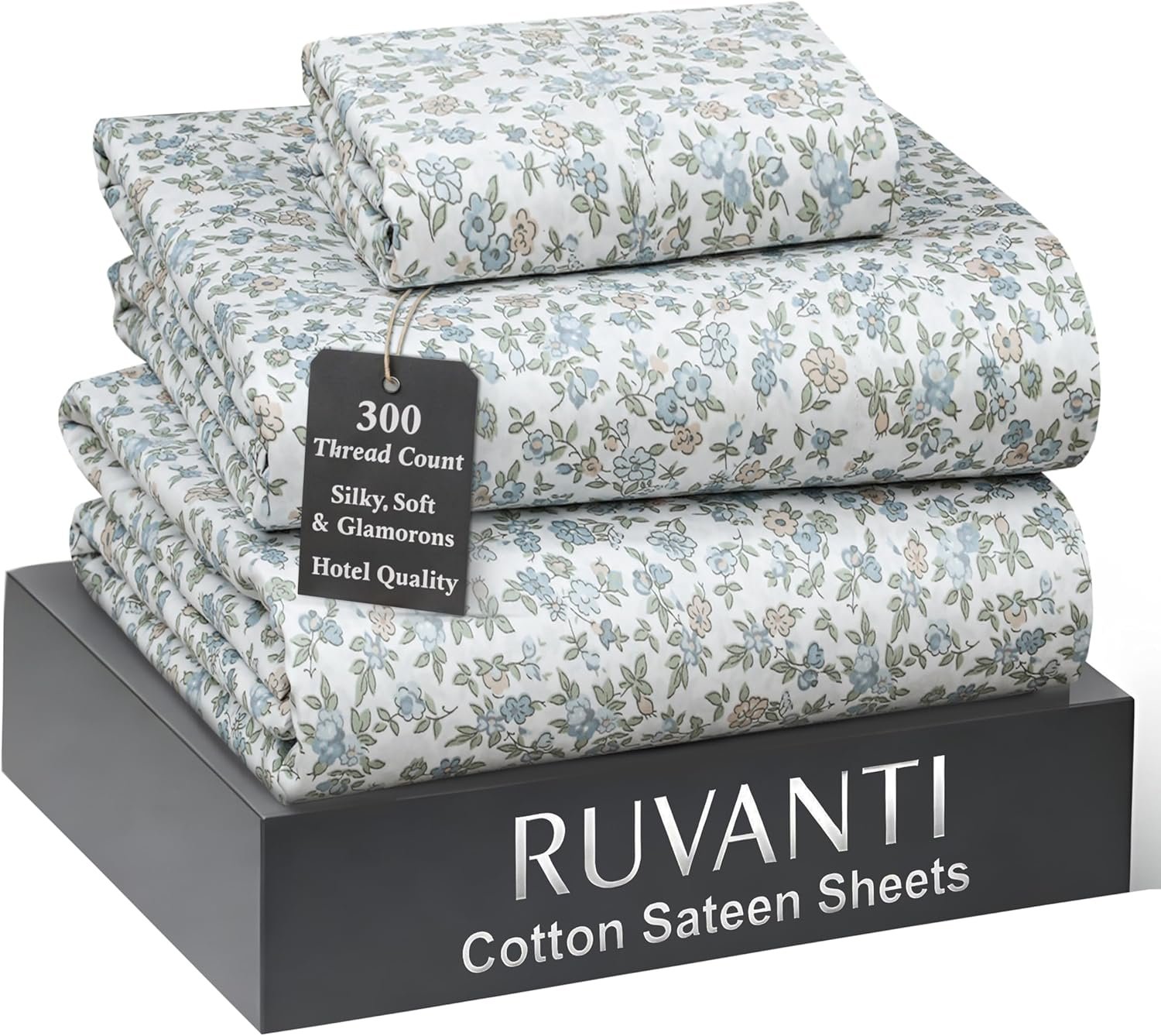 RUVANTI 100% Cotton Sateen Sheets Twin Size, Vibe | Hotel Luxury Softness, 300 Thread Count, Deep Pocket, 16 Fit, Cooling Bedding, 3 Pieces