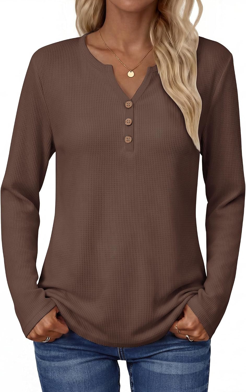 Zeagoo Women's Long Sleeve Waffle Knit Shirts Dressy Casual Loose Button Up V Neck Tops 2026 Fall Basic Tee Blouse