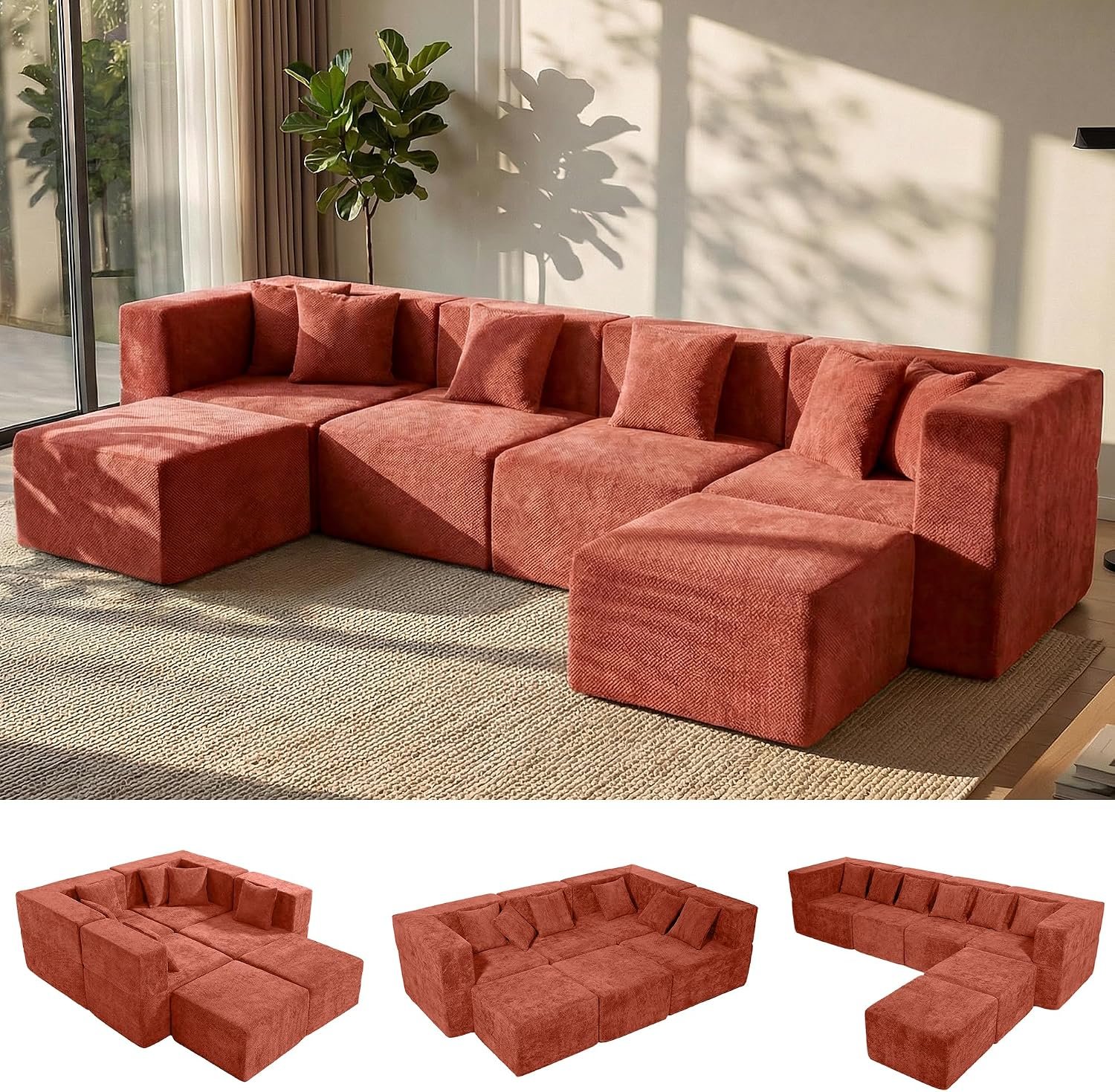 MONVANE 130'' Oversized Boneless Sectional Couches for Living Room, 6-Seat U Shaped Cloud Couch, Modular Sofa with Ottoman & 6 Throw Pillows, Comfy Chenille, No Assembly Required, Red