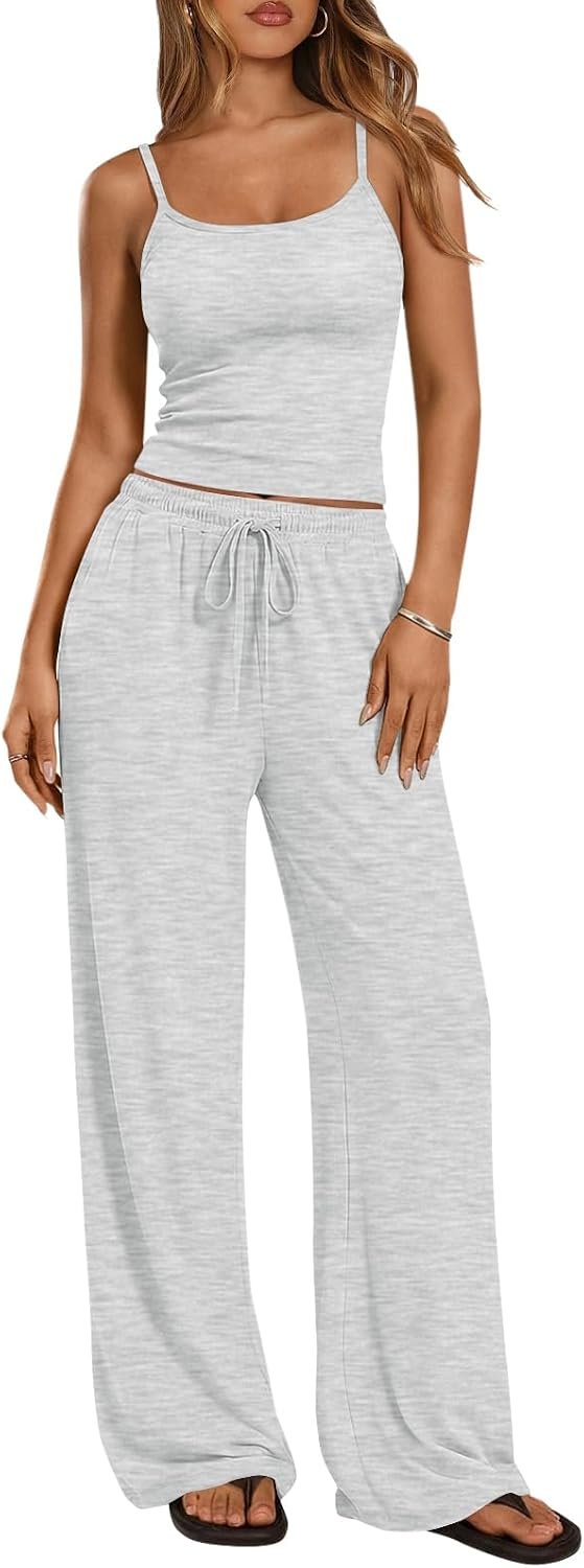 Trendy Queen Womens 2 Piece Lounge Set Summer Camisole Top & Wide Leg Pants | Matching Airport Outfits, Resort Vacation Wear, Spring Fall Layering, Cute Travel Set, Casual Sweat Set, Fashion Tracksuits