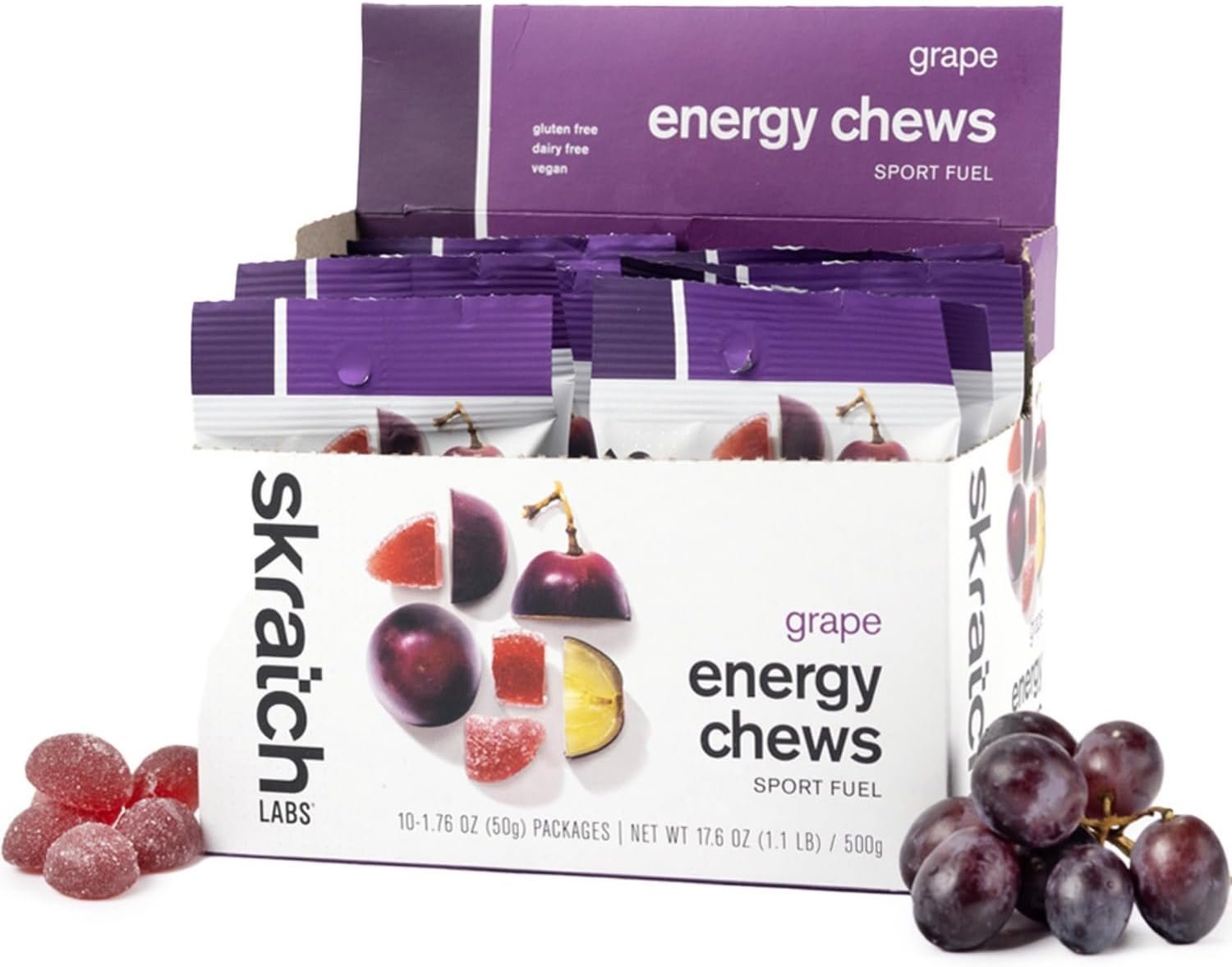 Skratch Labs Energy Chews, Gel Alternative, Grape, 10 Pack | Gummies for running, cycling & endurance, quick carbs for athletes, easy to digest, real fruit, gluten free, vegan