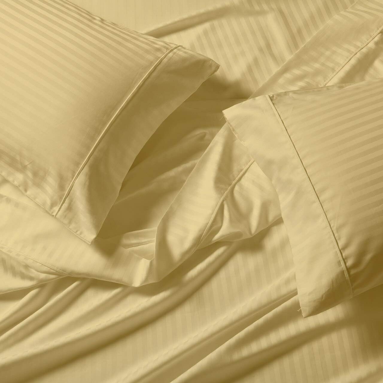 Damask Striped 650-Thread-Count, Cotton-Blend, 22-Inch Super Deep Pocket Queen Bed Sheets Set, Gold