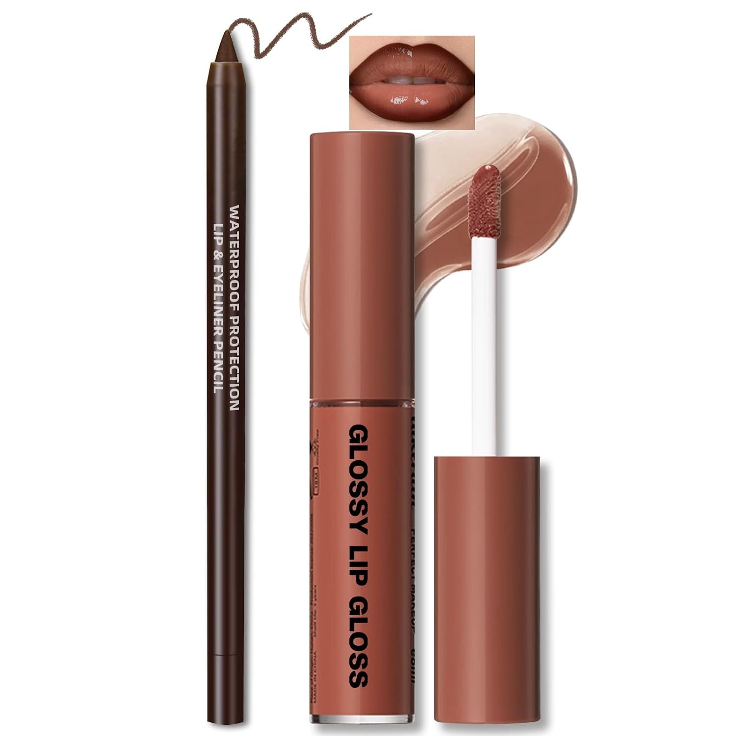 HOSAILY Natural Nude Lip Combo, Nourishing Lip Gloss&Brown Lip Liner Kit