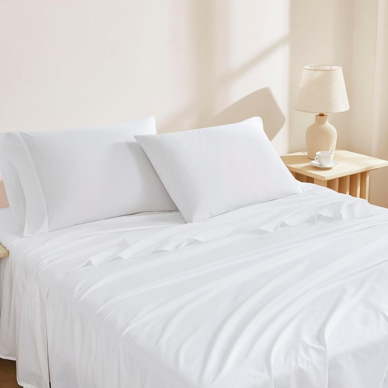 Linen Closet 100% Organic Cotton King Size Sheets Set, 4 Pcs, Arctic White - Percale Bed Sheets & Pillowcases Set - Up To 16