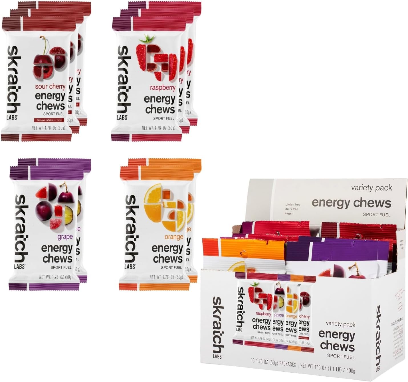 Skratch Labs Energy Chews, Gel Alternative, Variety Pack, 10 Pack | Gummies for running, cycling & endurance, quick carbs for athletes, easy to digest, real fruit, gluten free, vegan