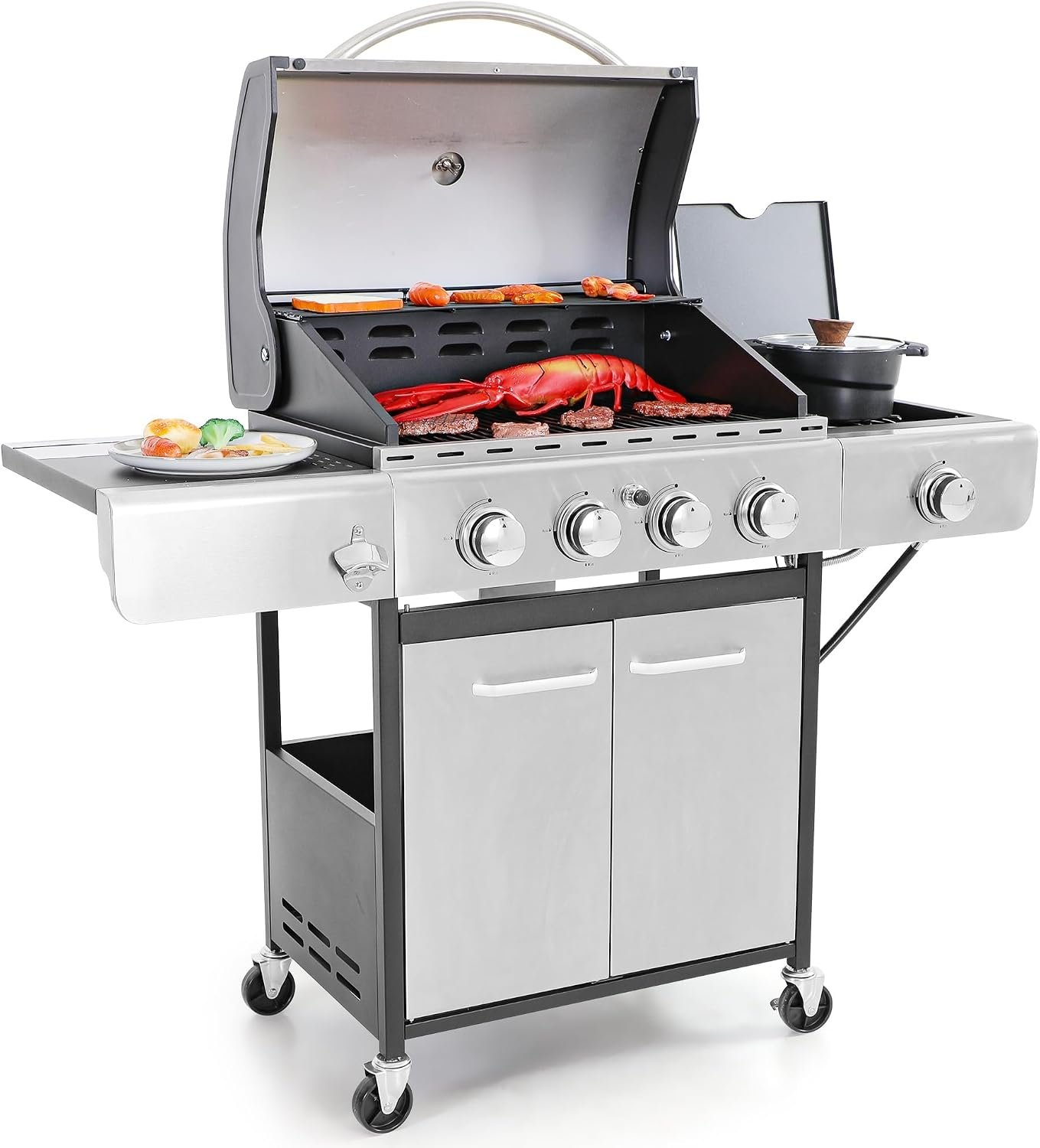 Captiva Designs Propane Gas BBQ Grill with Side Burner, 4 Burner 42,000 BTU