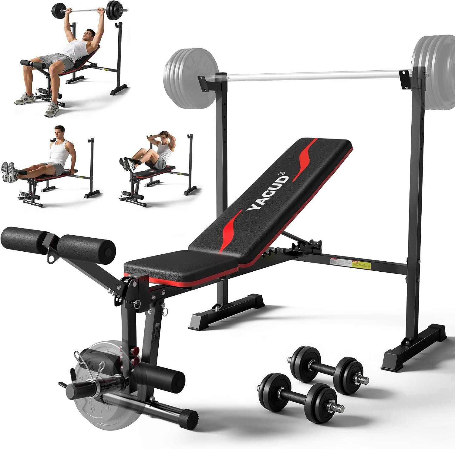 Weight Bench Set, 880LBS Adjustable Bench Press Set with Leg Extension and Barbell Rack, Safety Bar Catches, Fasting Foldable Workout Benches for Home and Gym