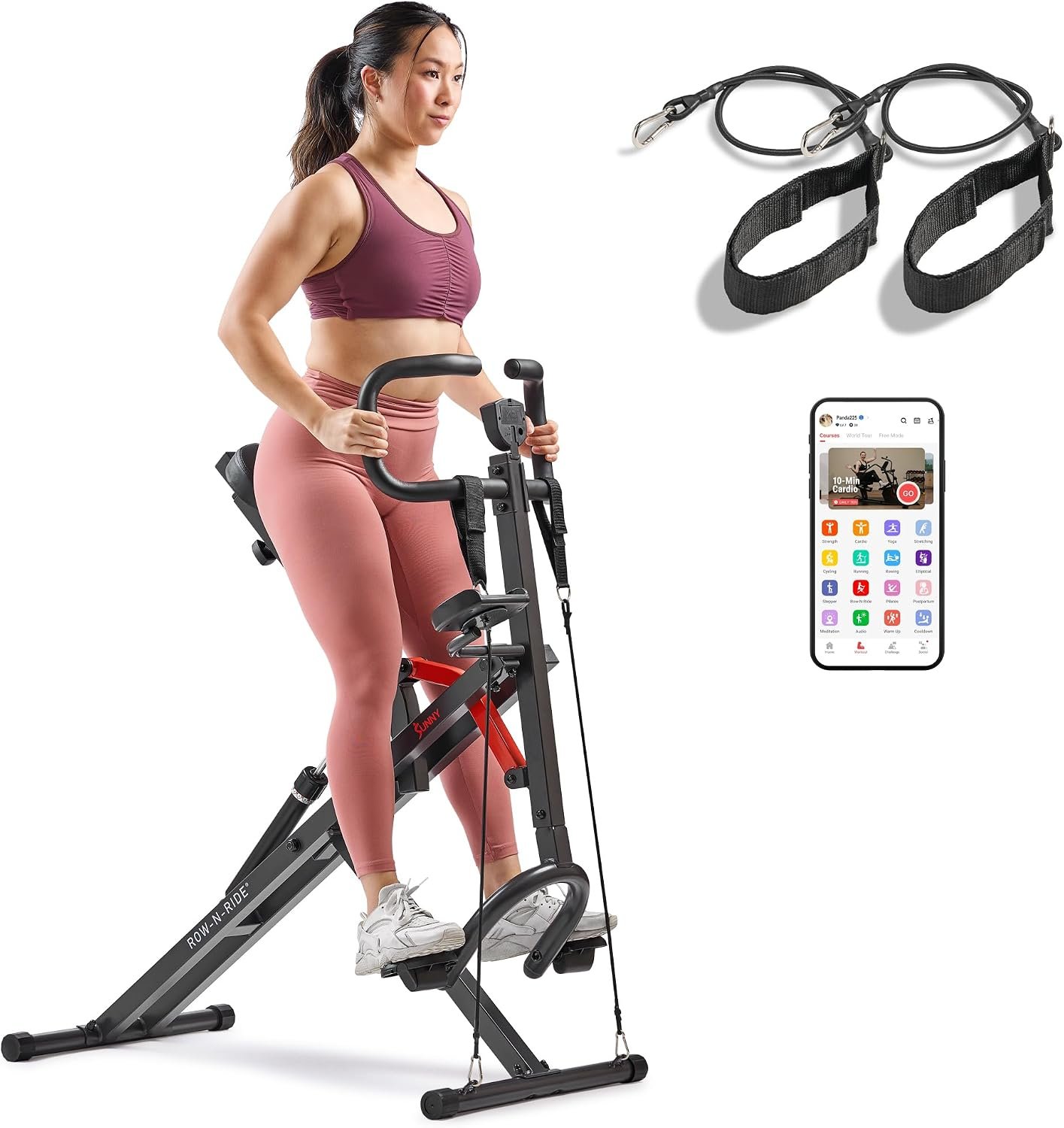 Sunny Health & Fitness Row-N-Ride Trainer for Full-Body Home Exercise | Adjustable Resistance, Up to 330LB Capacity, Full-Body Training, Adjustable Seat/Handle, SunnyFit App, Compact
