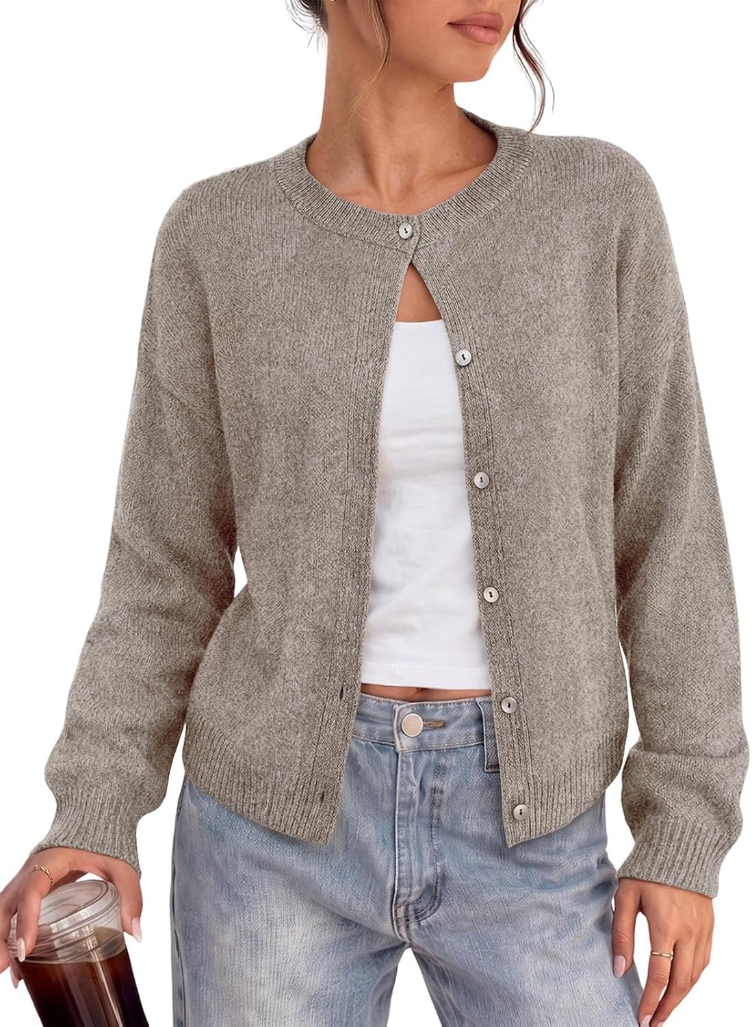 LILLUSORY Womens Crew Neck Button Down Cardigan Sweater