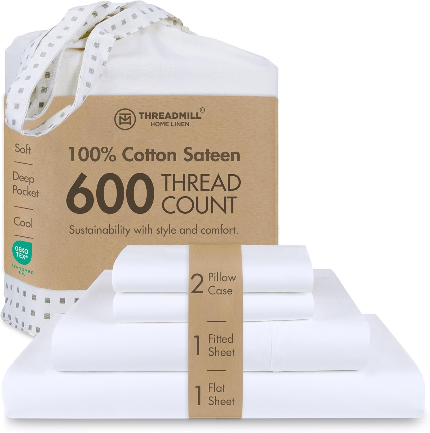 Threadmill 600 Thread Count Cotton Queen Sheet Set, Sateen, White, 4-Piece | 100% Cotton, Sateen Weave, 4-Piece Set, 16