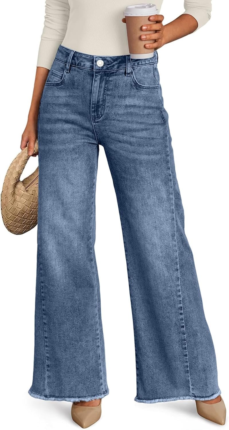 Trendy Queen Women's Wide Leg Jeans, Relaxed Loose with Raw Hem Pants