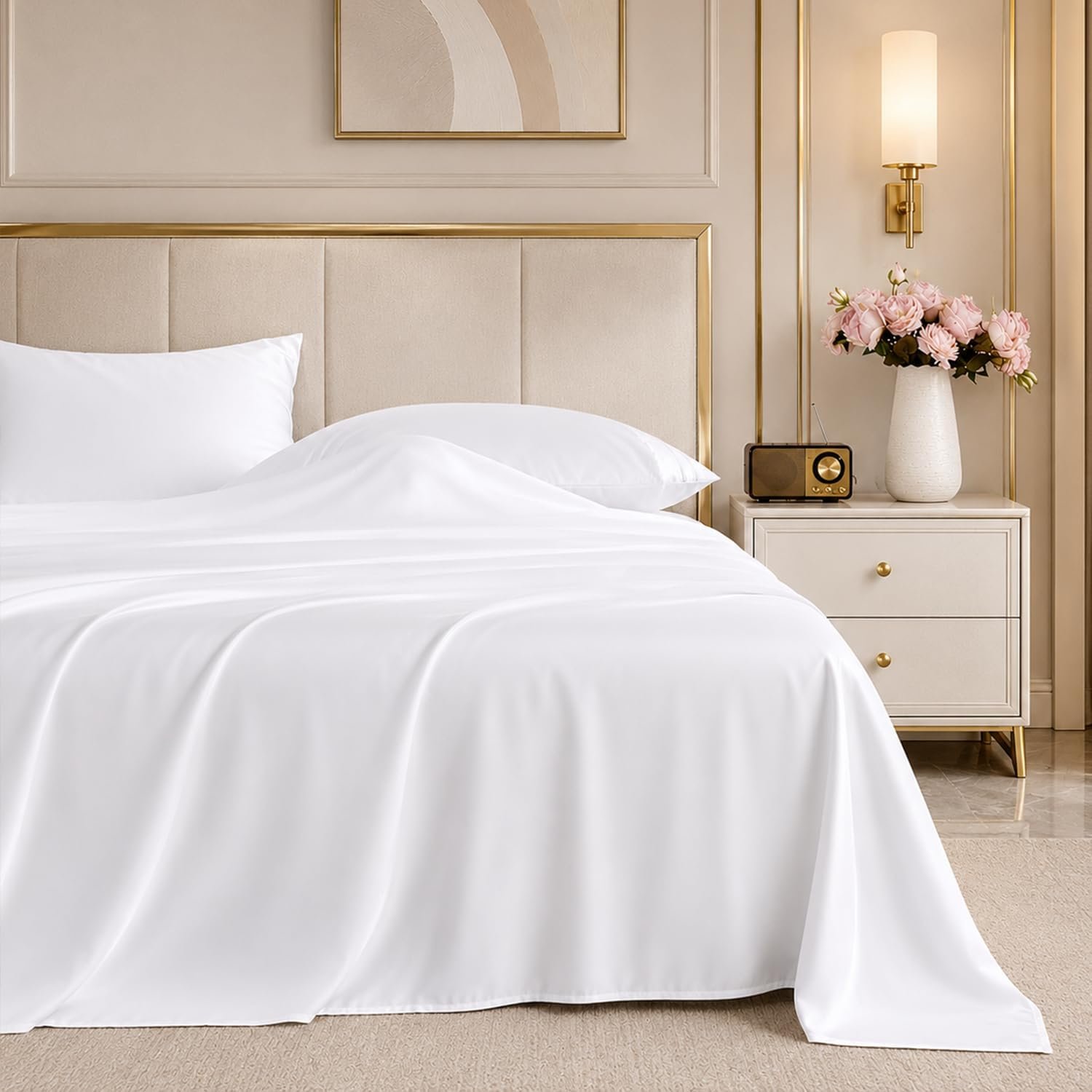 ROSE&RISY White Queen Sheet Set, 4 Pieces Soft Bedding Queen Sheet Set, Breathable and Cooling Sheets, Deep Pocket with 1 Fitted, 1 Flat, 2 Pillow Cases (White, Queen Size)
