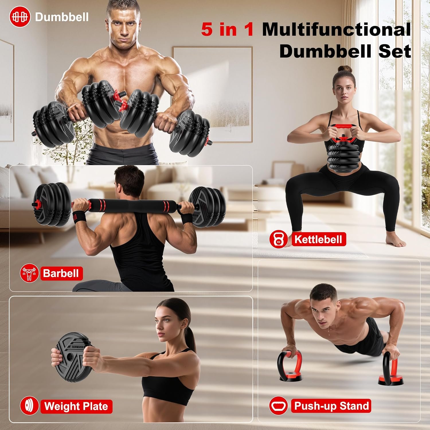 Adjustable Dumbbell Set, 20/30/45/70/90lbs, 5 in 1 Multi-Function Dumbbells