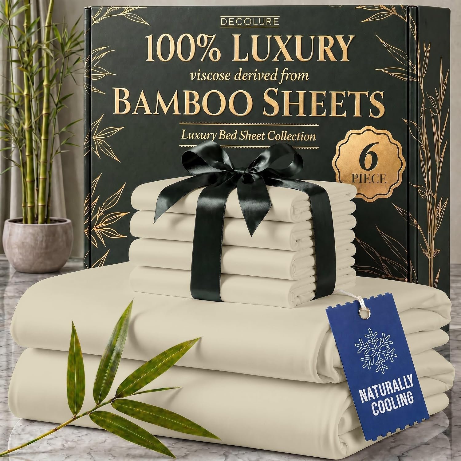 DECOLURE 100% Viscose Derived from Bamboo Sheets Queen Size - Luxury 6 Pc Naturally Cooling Sheets, Ultra Soft Bed Set - Deep 17