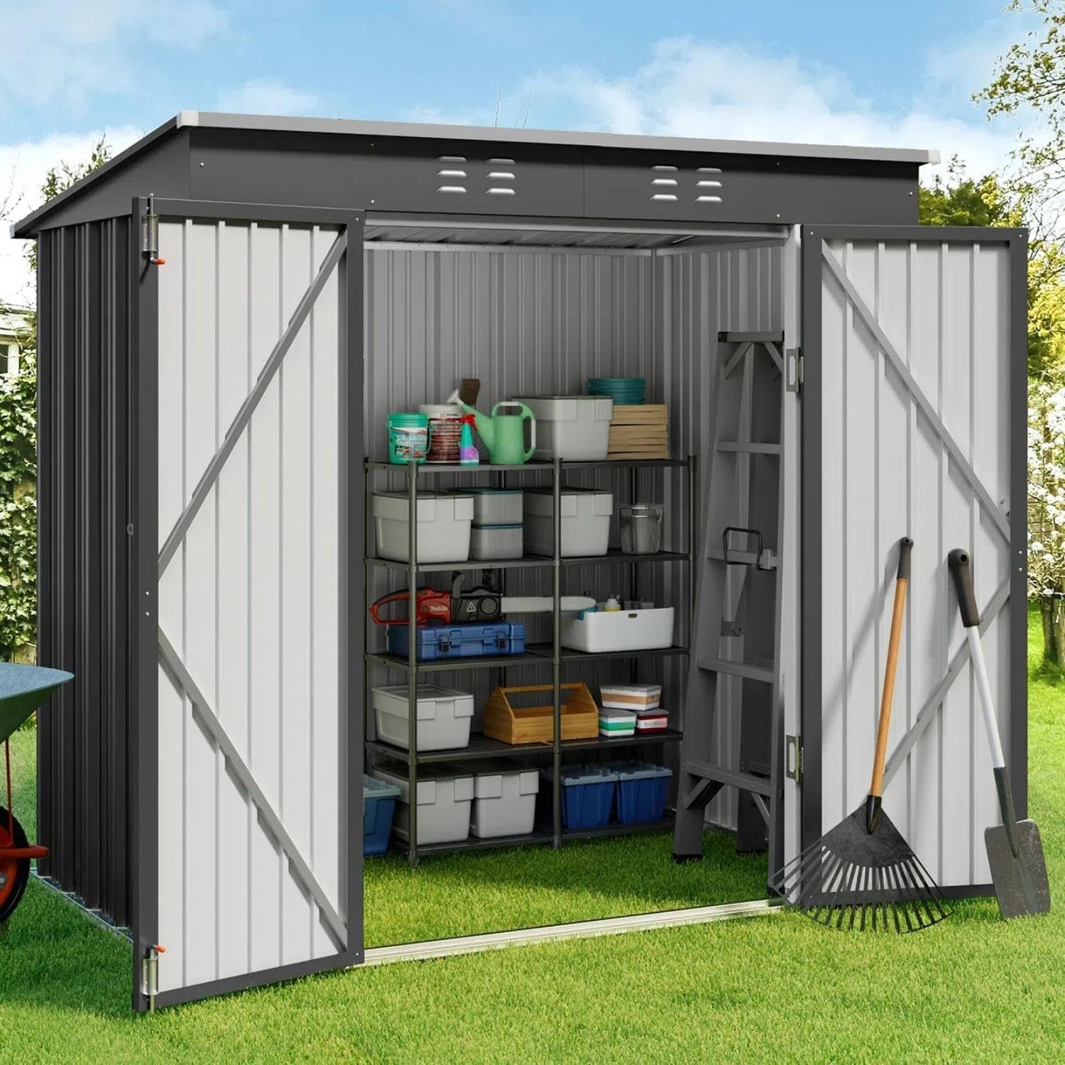 Gizoon 6x4 FT Outdoor Shed, Metal Garden Shed Lockable Doors, Dark Gray