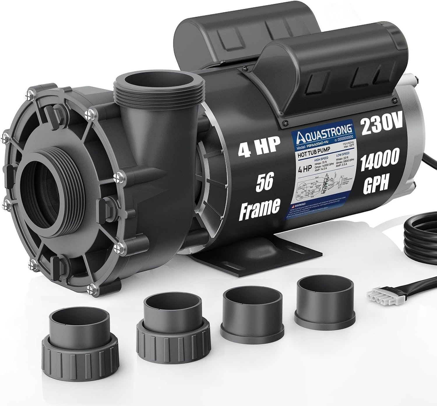 Aquastrong Spa Pump, 4HP Dual Speed Hot Tub Pump, 56 Frame, Up to 14,000 GPH, 230V Durable Motor, Easy Installation, Compatible with Most Hot Tubs & Spa Systems