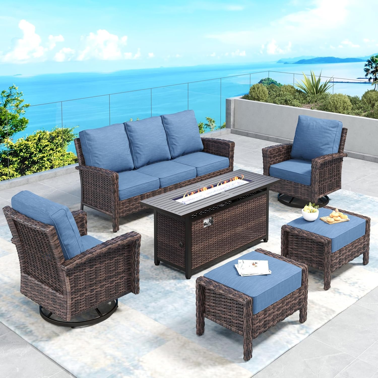 SUNSHINE VALLEY Patio Furniture Set w/Fire Pit &High Back Chair, Blue